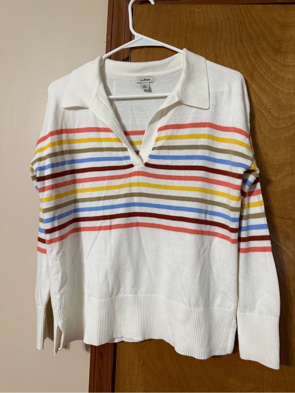 L.L. Bean White V-Neck Sweater with Red, Yellow, Blue & Brown Stripes